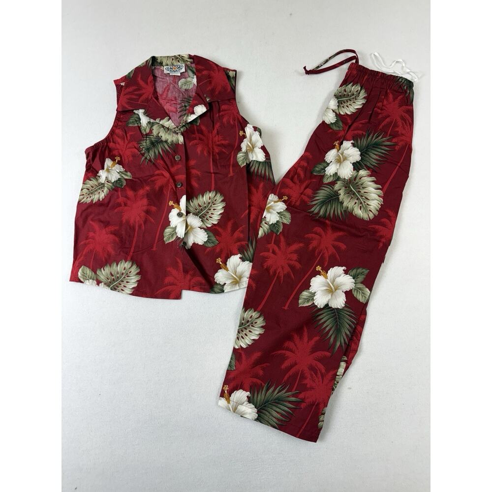 Vtg 90s Pacific Legends Hawaii Womens Red Hibiscus Floral Top Pants Set‎ Coastal